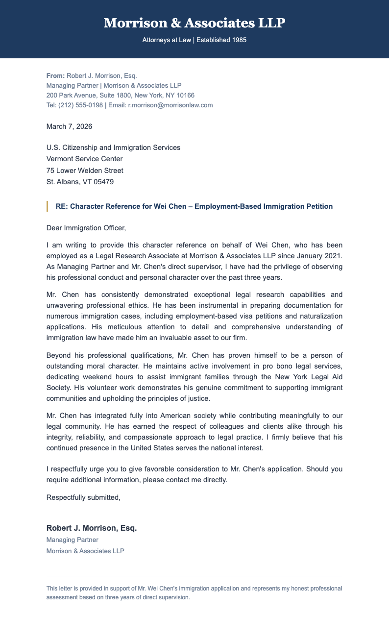 Corporate formal immigration reference